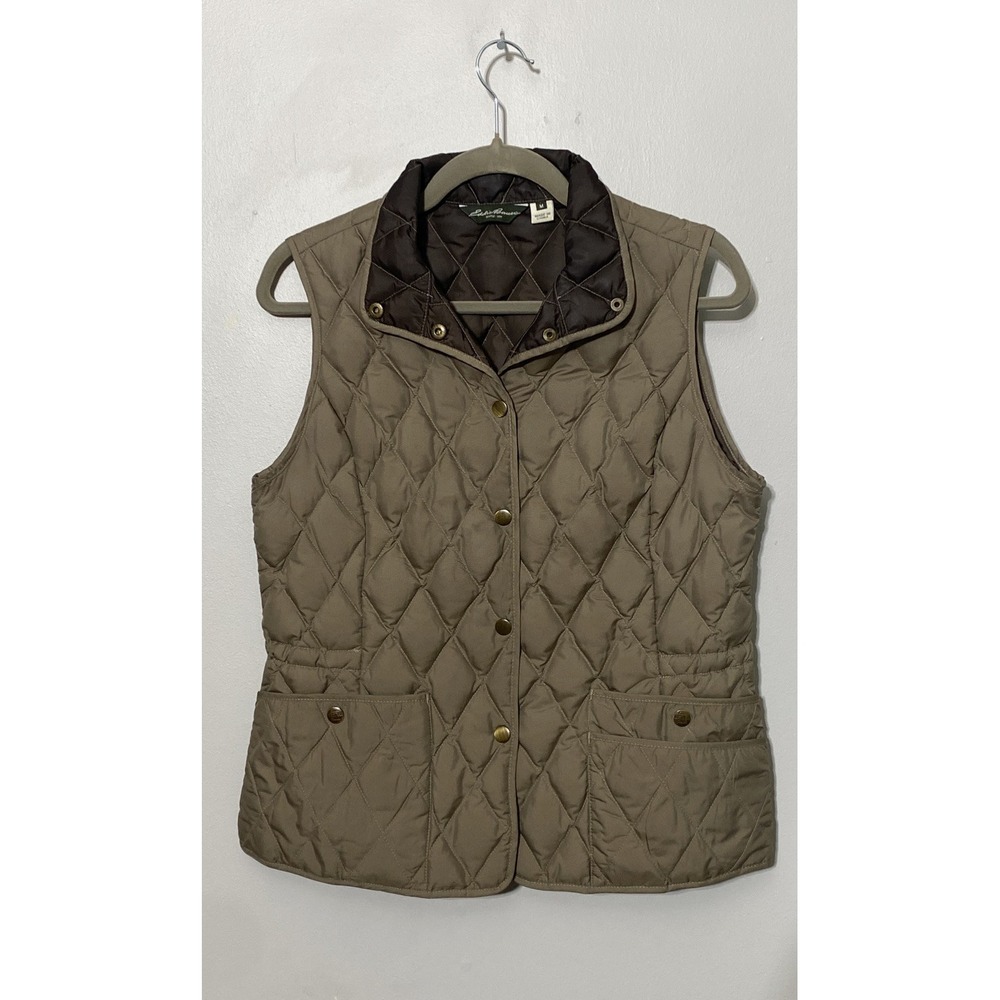 Eddie Bauer Puffer Vest Womens Medium Brown Goose Down Fill Quilted EB 550 Snap